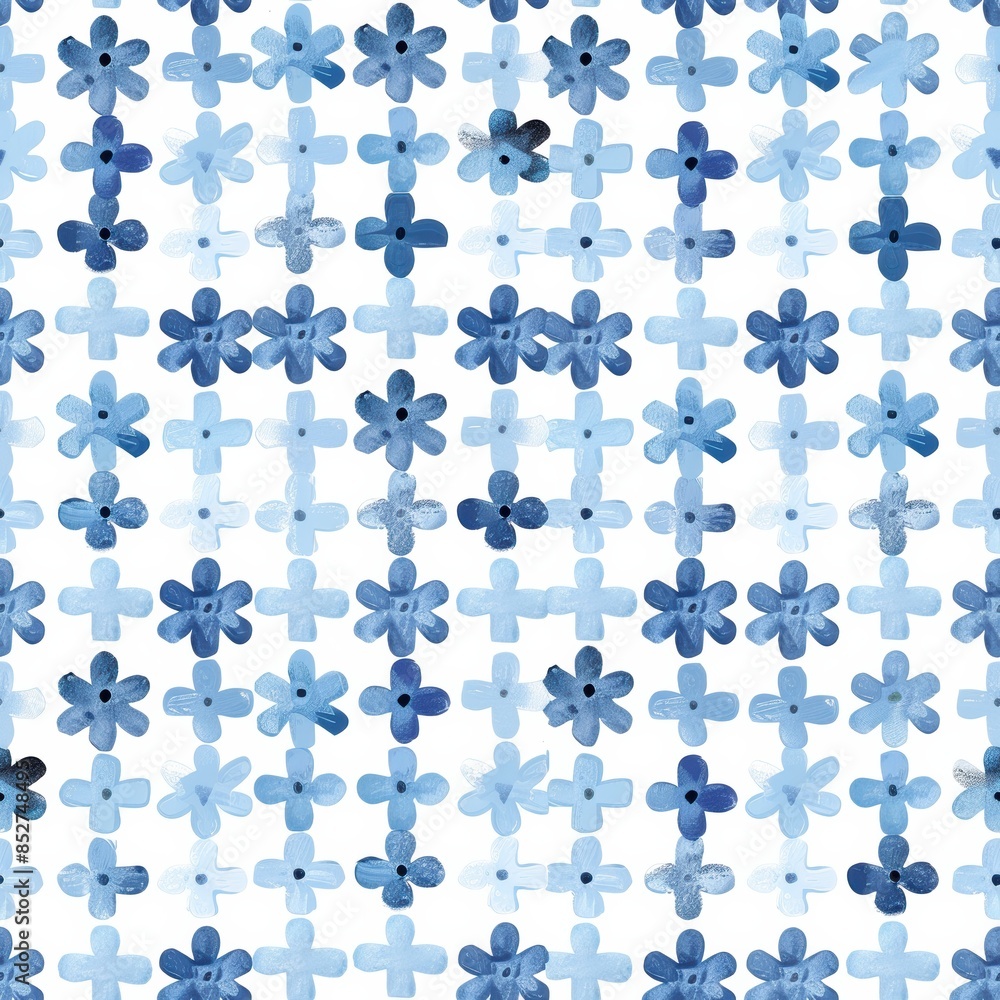 Poster this image features a repeating pattern of blue watercolor flowers and crosses. the flowers are a sl