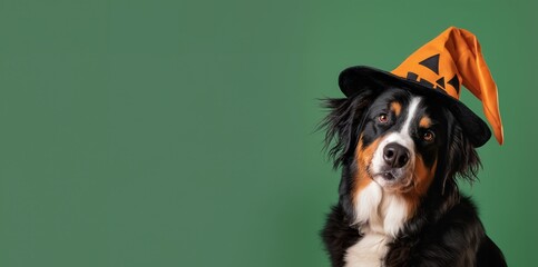 A playful dog dressed in a Halloween costume banner for advertising on a green background.