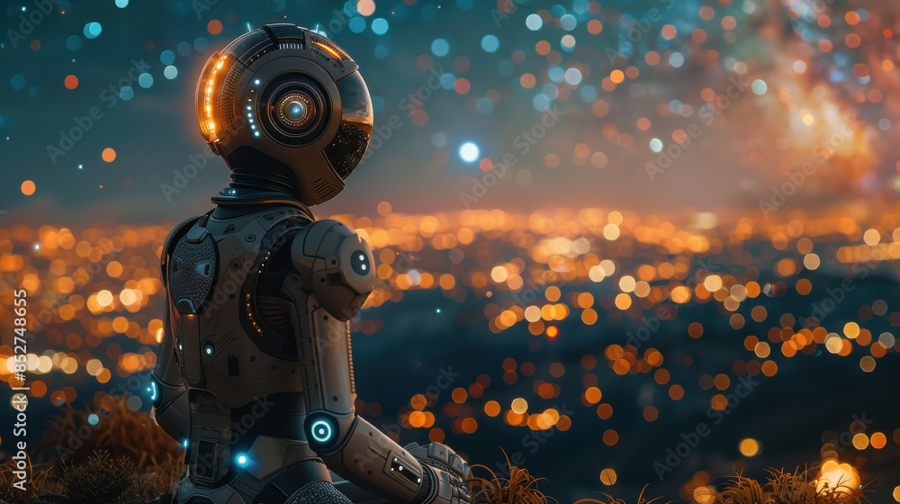 Poster a robot is sitting on a hill overlooking a city at night. the robot is wearing a helmet and has a gl