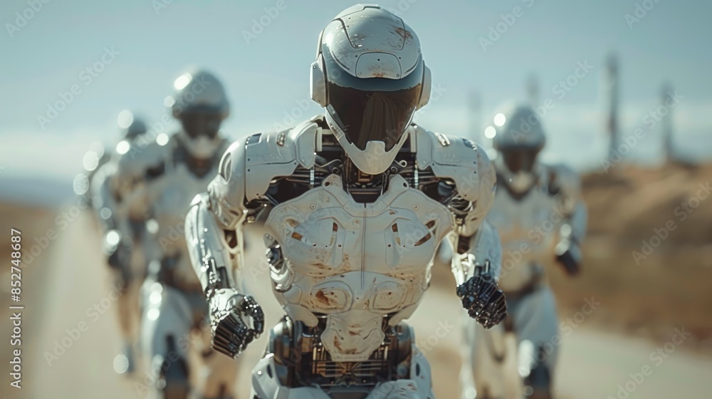 Poster A group of robots are running down a road. The robots are all white and have a metallic appearance. The robots are moving in a line, with one robot slightly ahead of the others