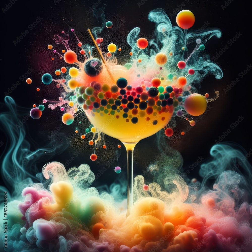 Poster a stunning display of colorful bubbles bursting out of a cocktail glass, surrounded by vibrant cloud