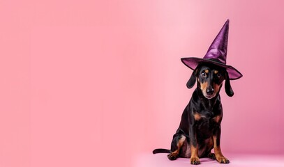 A cheerful dog wearing a Halloween hat on a pink background.
