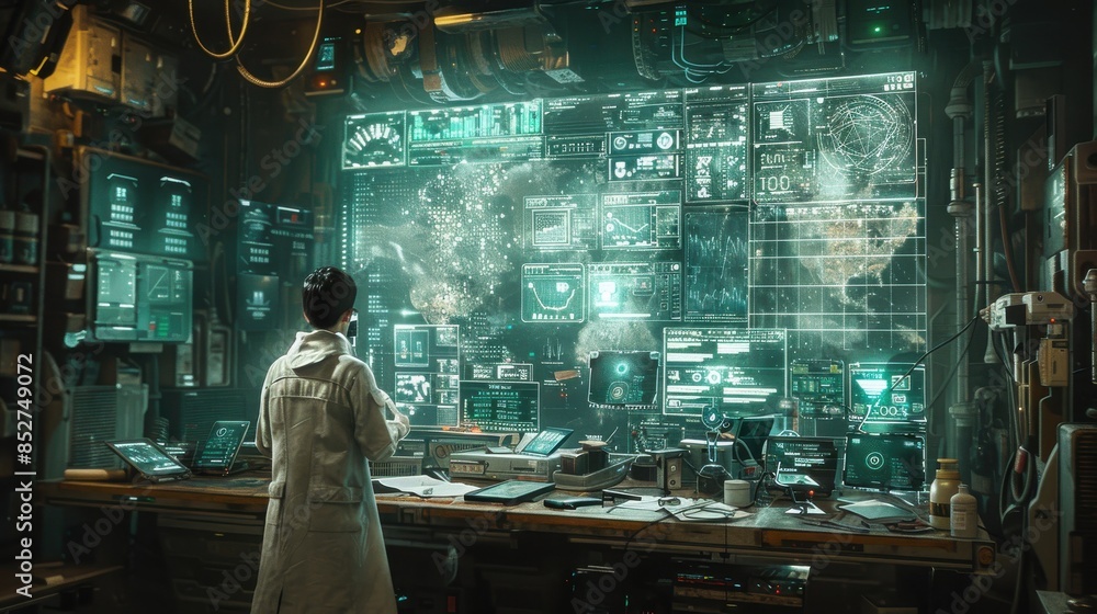 Poster a man in a lab coat is looking at a computer monitor with a lot of data on it. the room is filled wi