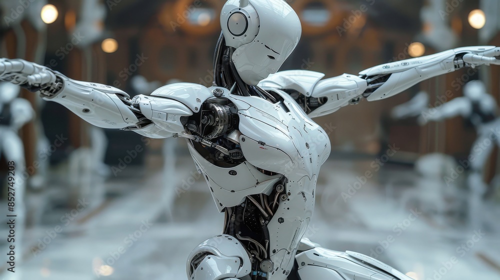 Leinwandbilder A robot is standing in a room with other robots. The robot is white and has a robotic arm. The robot is in a pose that looks like it is dancing. Scene is futuristic and robotic