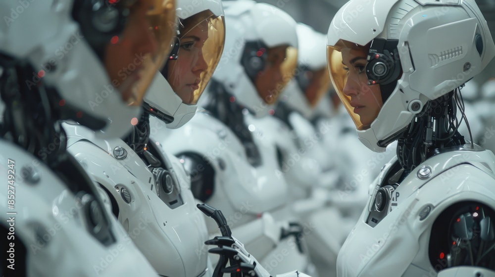Fototapete A group of robots are lined up in a row, all wearing white helmets. The robots appear to be identical, and they are all facing the same direction. The scene gives off a sense of uniformity and order