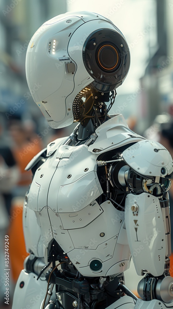 Leinwandbilder a robot with a white body and orange head stands in front of a crowd of people. the robot appears to