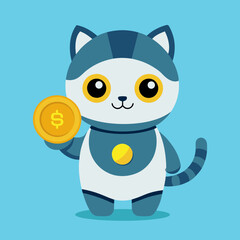 Cute Cat Robot Holding Gold Coin Cartoon Vector Icon Illustration