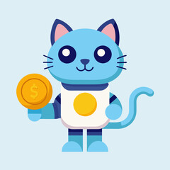 Cute Cat Robot Holding Gold Coin Cartoon Vector Icon Illustration