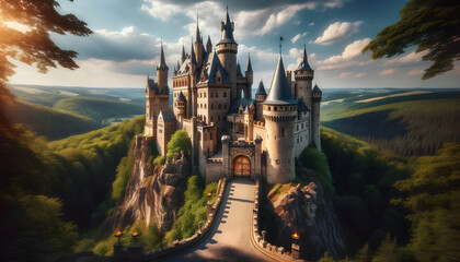 Fototapeta premium Majestic Castle Perched on Cliff Overlooking Verdant Valley