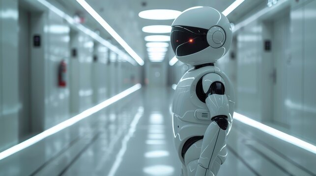 A robot stands in a hallway with a red light on its head