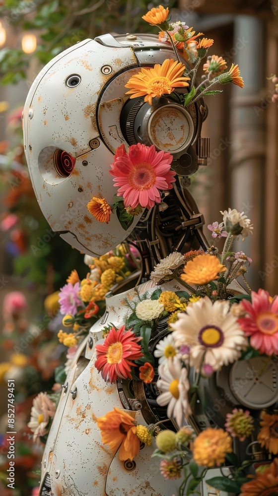 Aufkleber A robot is covered in flowers and has a clock on its chest. The robot is surrounded by a garden of flowers, giving it a whimsical and playful appearance. The combination of the robot