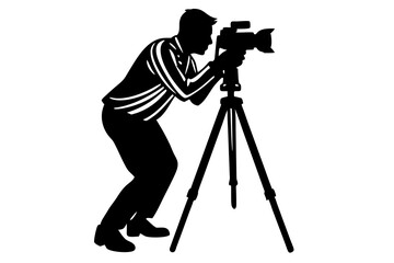 vector silhouette of man taking photo using tripod 