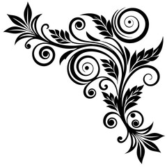 Hand drawn corner decorative floral black silhouette on white background