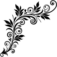 Hand drawn corner decorative floral black silhouette on white background