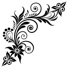 Hand drawn corner decorative floral black silhouette on white background