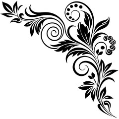 Hand drawn corner decorative floral black silhouette on white background