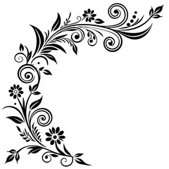 Hand drawn corner decorative floral black silhouette on white background