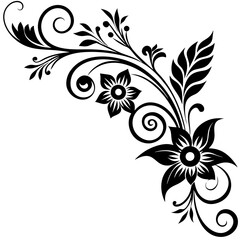 Hand drawn corner decorative floral black silhouette on white background