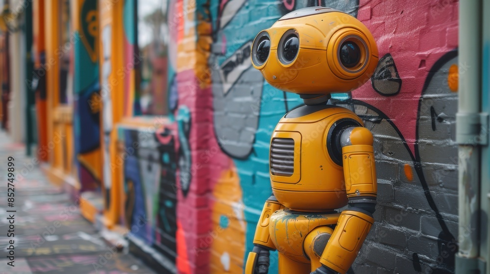 Poster A robot stands in front of a colorful wall. The robot is yellow and has a human-like appearance. The wall is covered in graffiti, giving the scene a vibrant and urban feel
