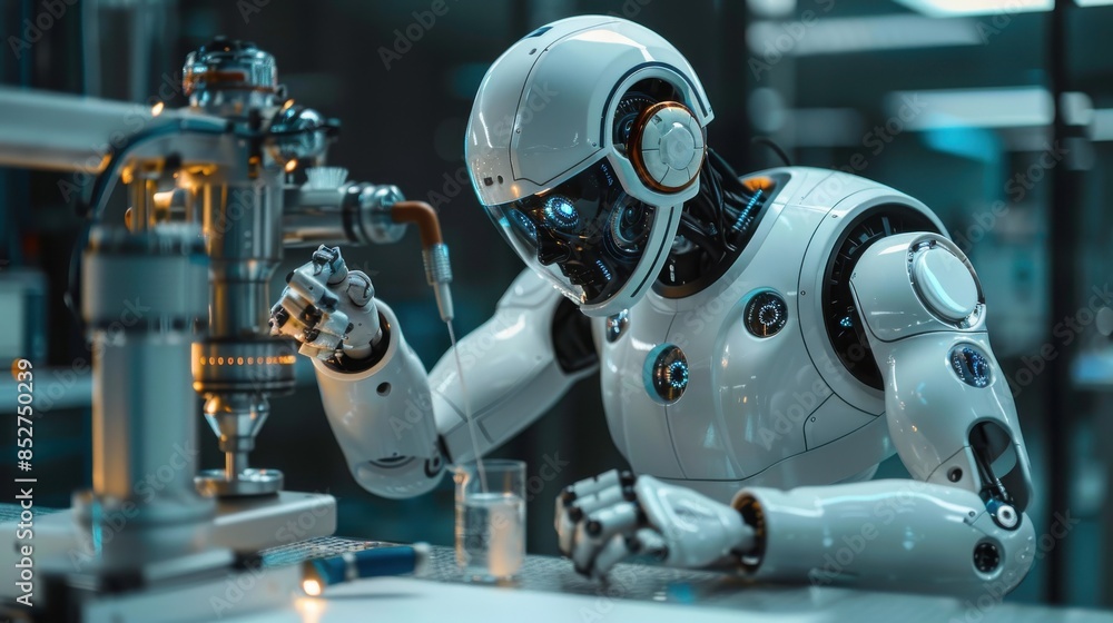 Leinwandbilder a robot is working in a lab, holding a glass and a cup. the robot is white and has a robotic appeara