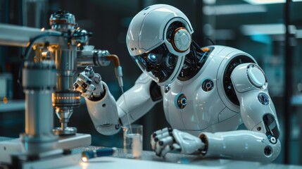 Fototapeta premium A robot is working in a lab, holding a glass and a cup. The robot is white and has a robotic appearance. The scene is futuristic and gives off a sense of advanced technology