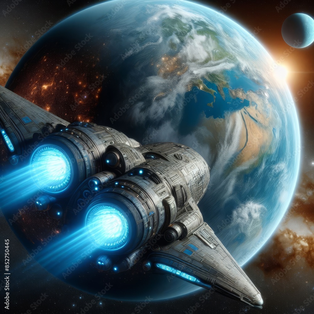 Poster a high-tech spaceship with glowing thrusters soars above earth, highlighting the blue planet and dis