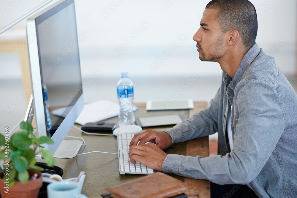 Poster business man, typing and planning on computer for creative project, research and online editing or c