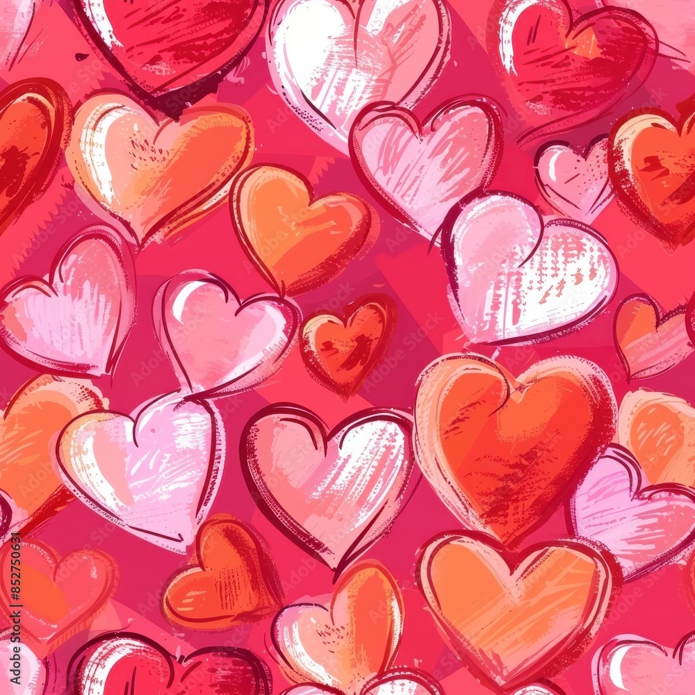 Poster this image is a digital illustration of a seamless pattern featuring hand-drawn hearts in various sh