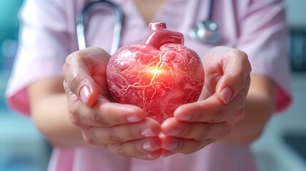 A doctor in a white coat is holding a realistic human heart model in their hands