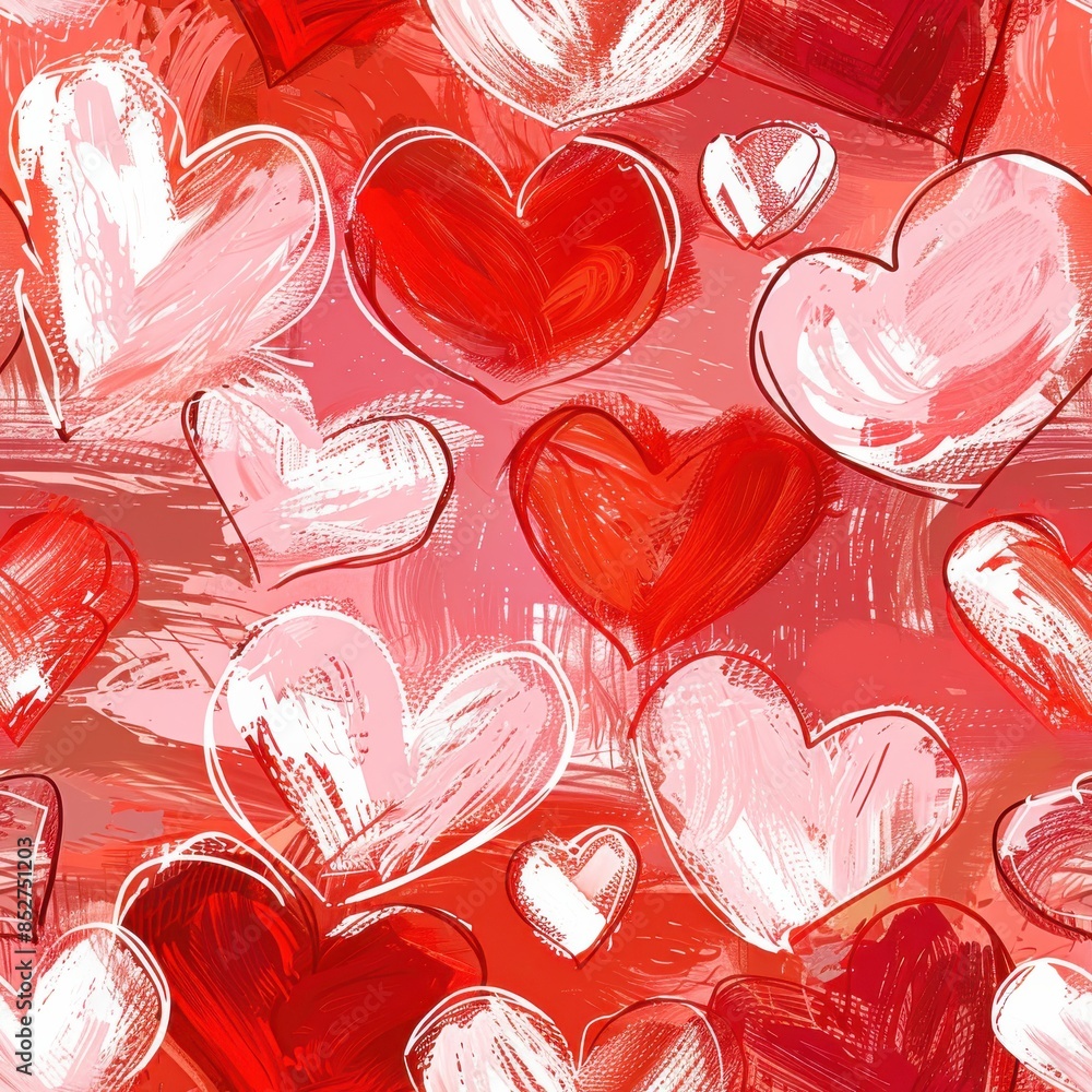 Poster this image is a seamless pattern of red and pink hand-painted hearts. the hearts are painted in a lo