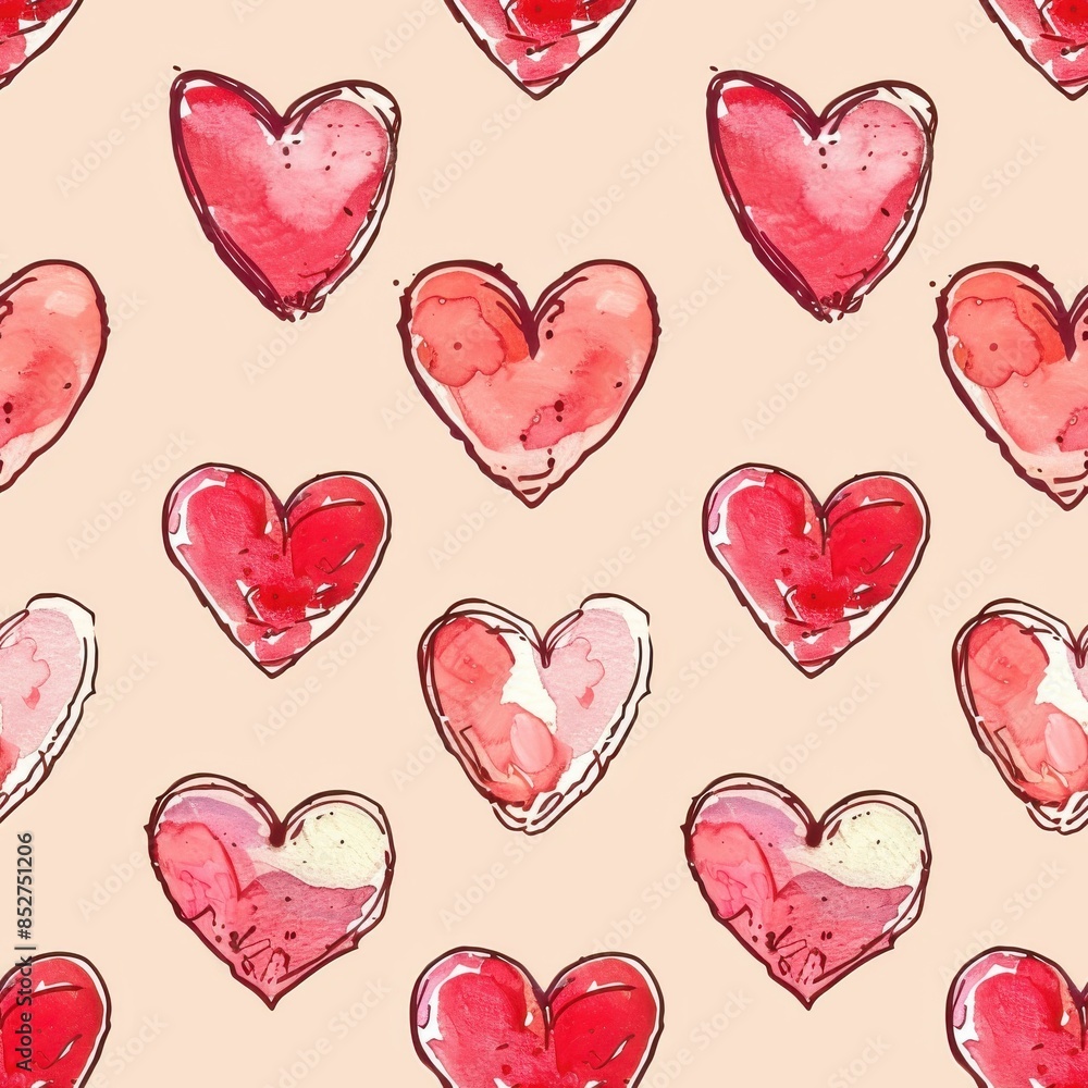 Aufkleber this image features a seamless pattern of watercolor hearts on a light peach background. the hearts 