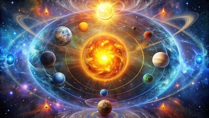 Fototapeta premium The universe filled with selfless harmony and warmth, depicting a cosmic scene of universal peace, love, and unity among celestial bodies.