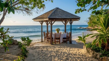 Fototapeta premium A beach setting with a gazebo and a table with chairs. The table is set for a meal and there are several chairs around it. The scene is peaceful and relaxing
