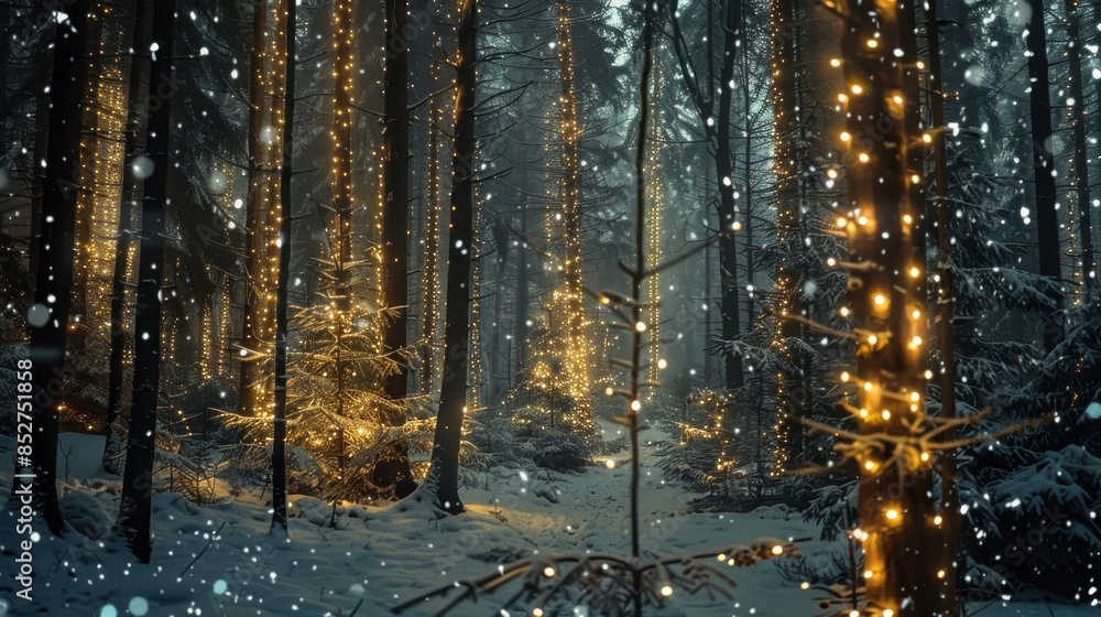 Poster A snow-covered forest path illuminated by strings of Christmas lights wrapped around the trees. The warm glow of the lights creates a magical atmosphere amidst the falling snow.