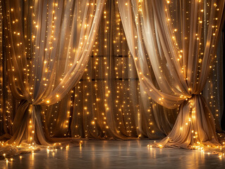 Dark gold stage theater fairy lights draping curtains elegant lace lux twinkling bokeh luxurious empty show  sheer fabric backdrop background party photo booth twinkling royal stylish musical glamor 
