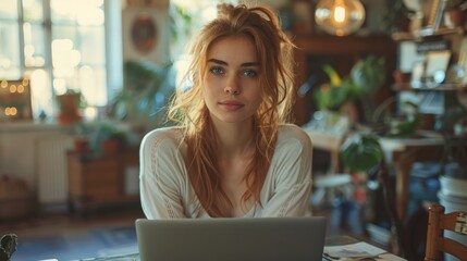 Fototapeta premium Portrait of a young freelancer girl working from home