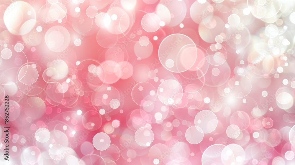 Poster This image is a colorful abstract background featuring various sizes of pink and white bokeh circles. The light circles are blurry and out of focus, creating a soft and dreamy effect. The background i