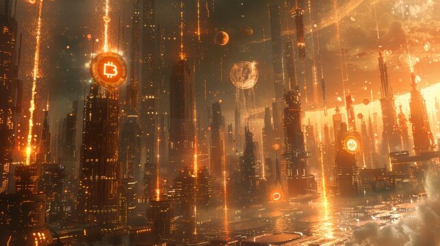 Concept of economic rescue with digital currency raining from the sky into a futuristic Martian cityscape, showcasing innovative financial solutions