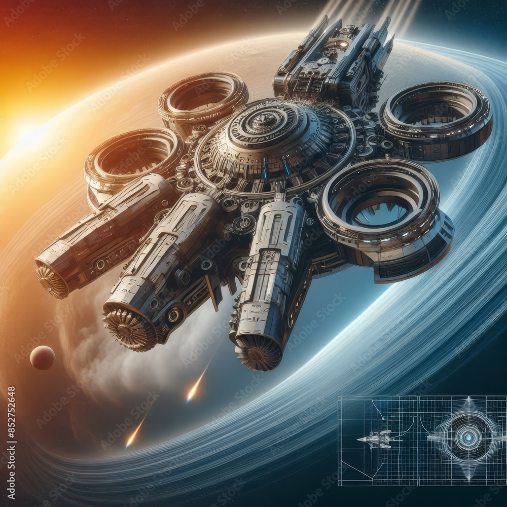 Poster a detailed, futuristic spaceship orbits a distant planet with rings, showcasing advanced technology 