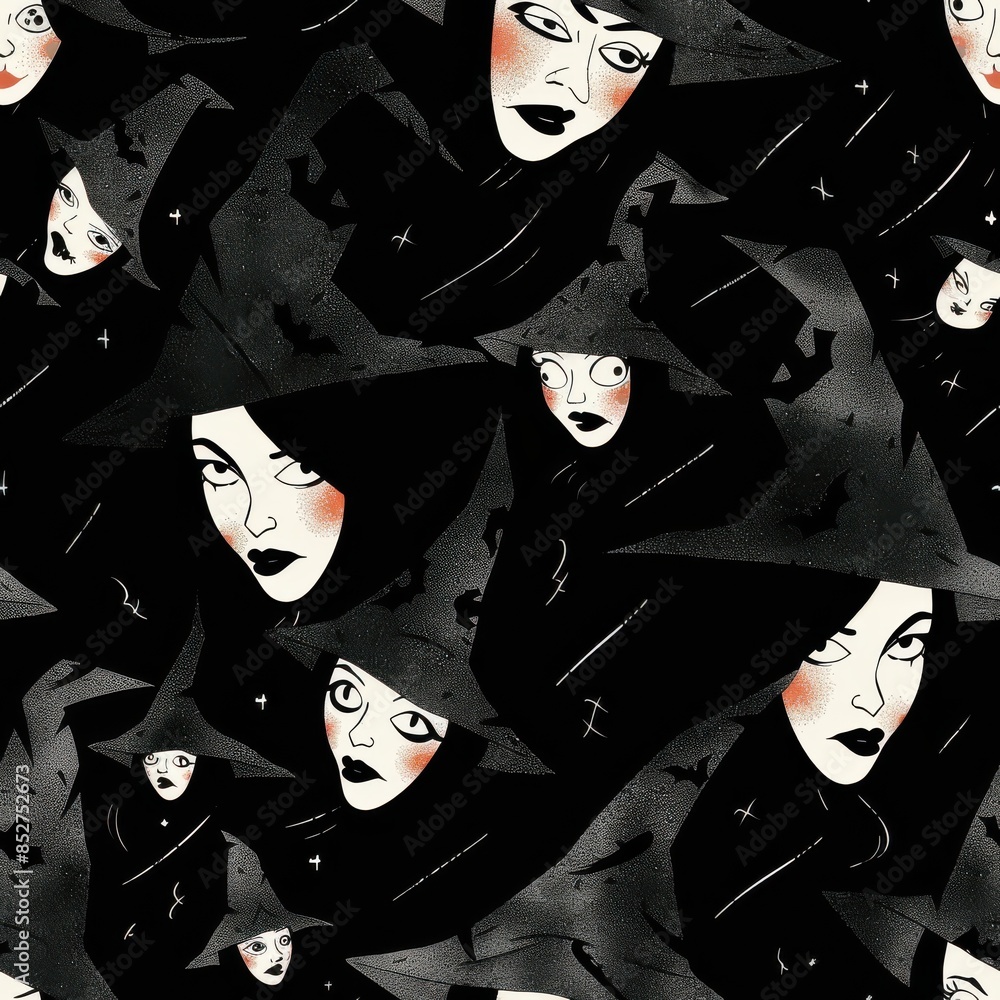 Poster a black and white illustration of repeating witch faces, with wide-brimmed hats and serious expressi