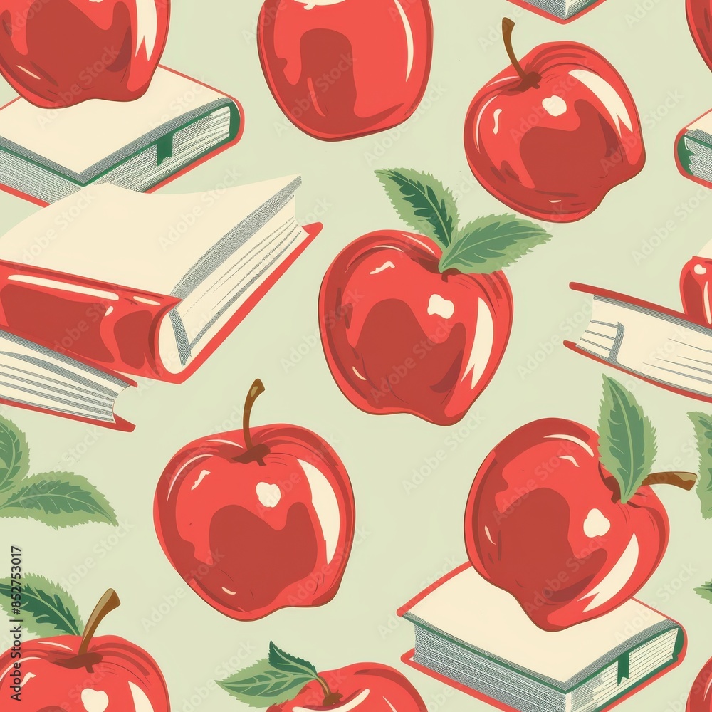 Aufkleber A seamless pattern featuring red apples and stacked books on a light green background. The apples have green leaves and are arranged in a random, overlapping pattern. The books are stacked on top of e