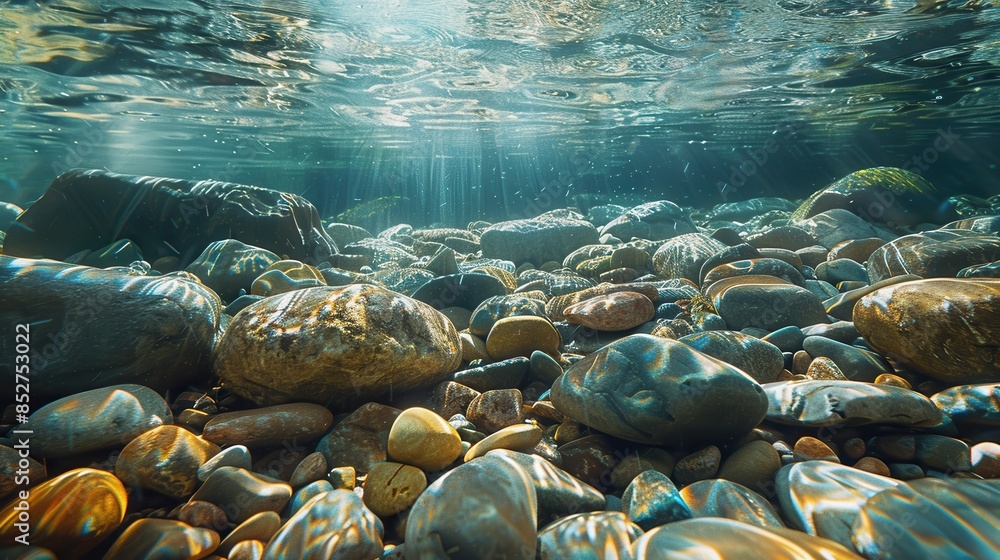 Poster an underwater photograph showcasing a riverbed covered in smooth, round rocks of various sizes and c