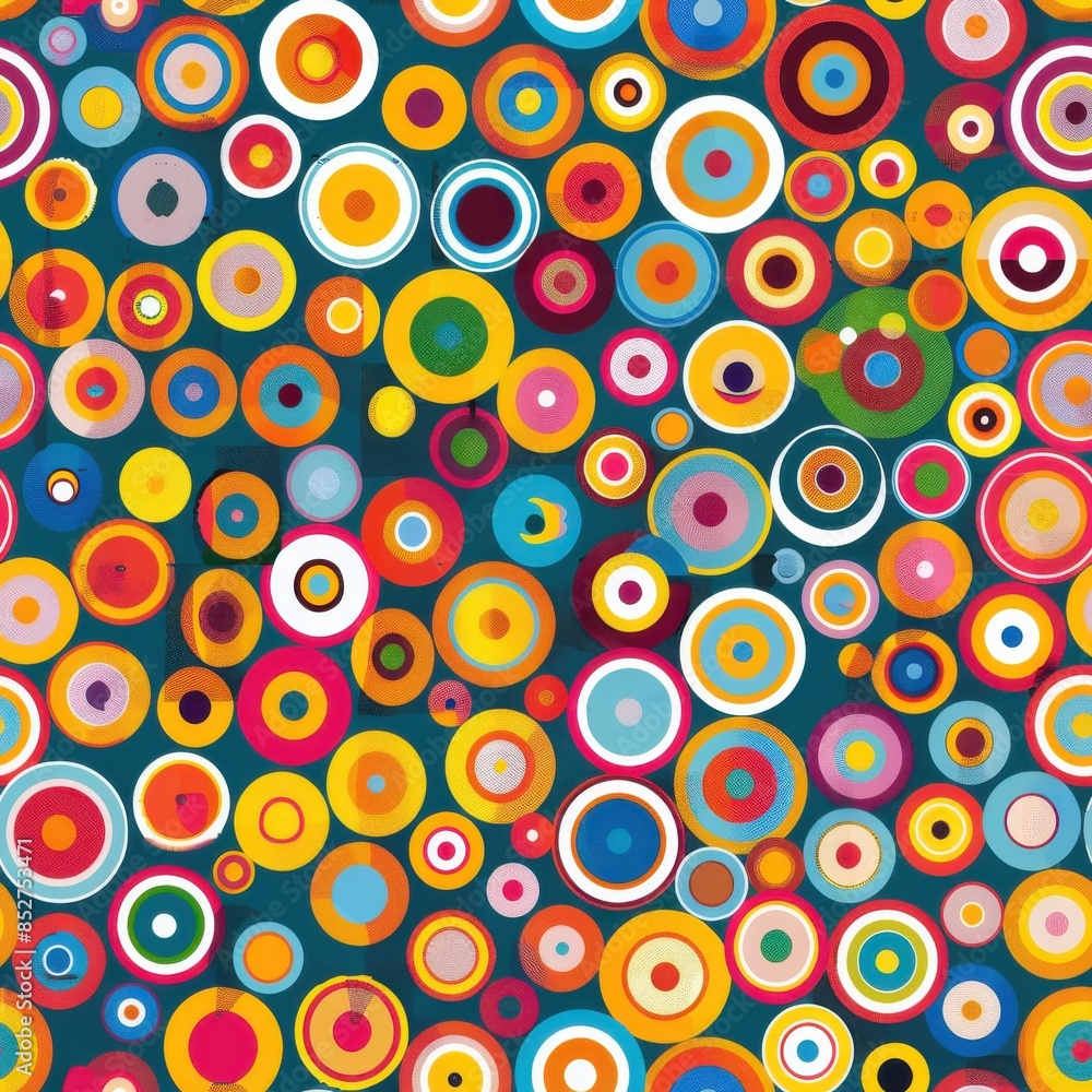 Aufkleber This image features a seamless pattern of colorful circles on a teal background. The circles are of varying sizes and feature a variety of colors, including red, yellow, blue, green, orange, pink, and