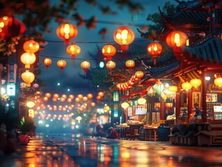 Fototapeta premium Night street market with glowing red lanterns in traditional Asian architecture, reflecting on wet pavement under a vibrant and festive atmosphere.