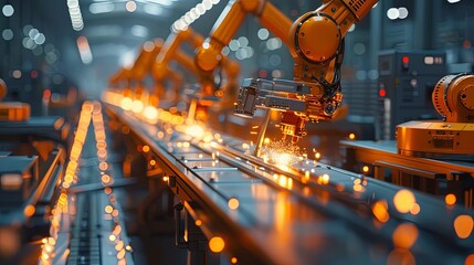 A striking image of an industrial robot engaged in a manufacturing task, generating sparks during operation