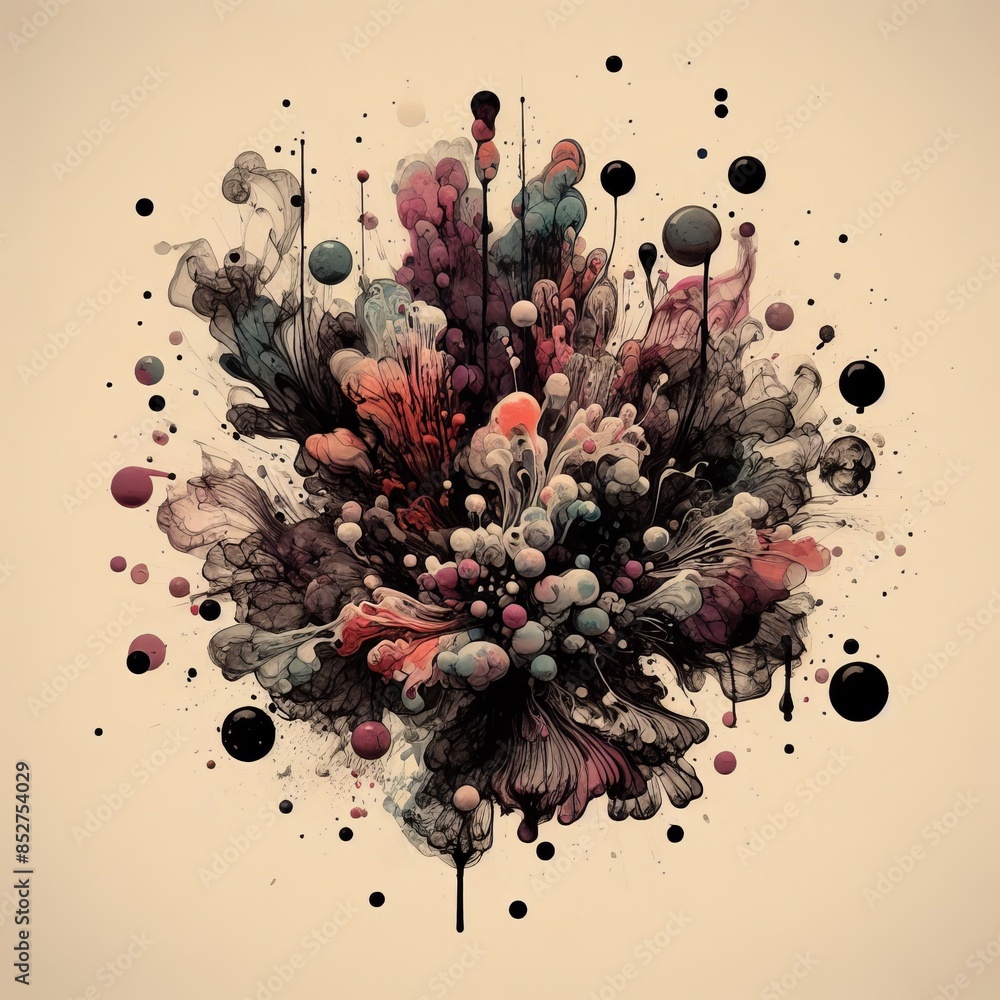 Poster a vibrant and intricate abstract ink explosion artwork with swirling colors and dynamic shapes. this