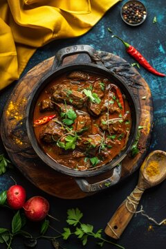 Ostri is a traditional meal from Georgia that is served in a bowl on a wooden cutting board.