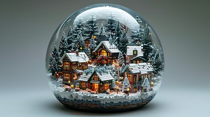 A three-dimensional model of a small village scene, set against a snowy landscape, with miniature houses and trees.