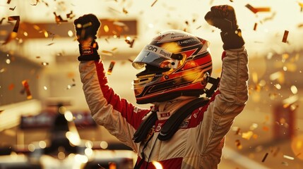 Formula One racing team driver celebrates victory with golden confetti on the racetrack background.