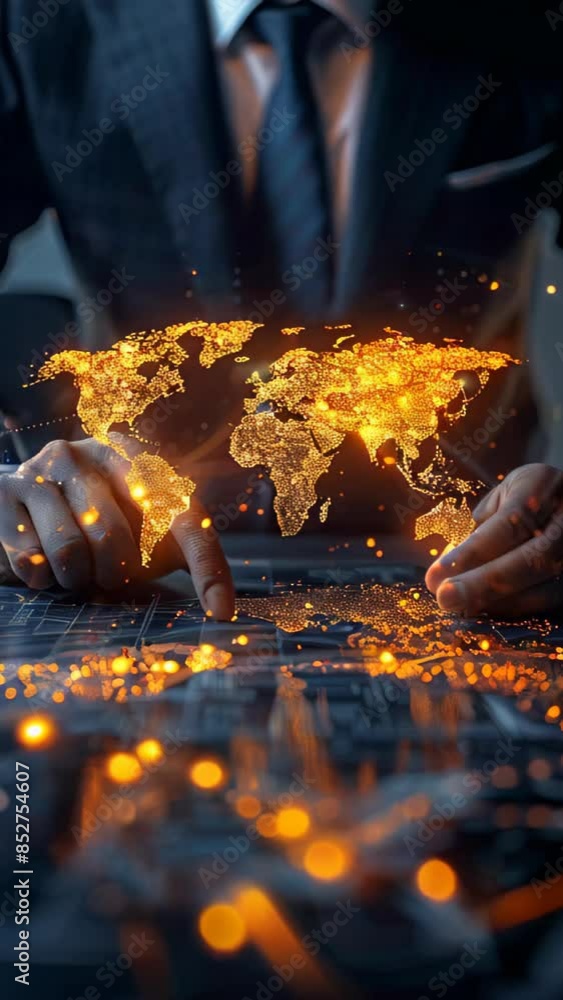 Poster a man is pointing at a globe on a table. the globe is surrounded by a network of lights, giving it a